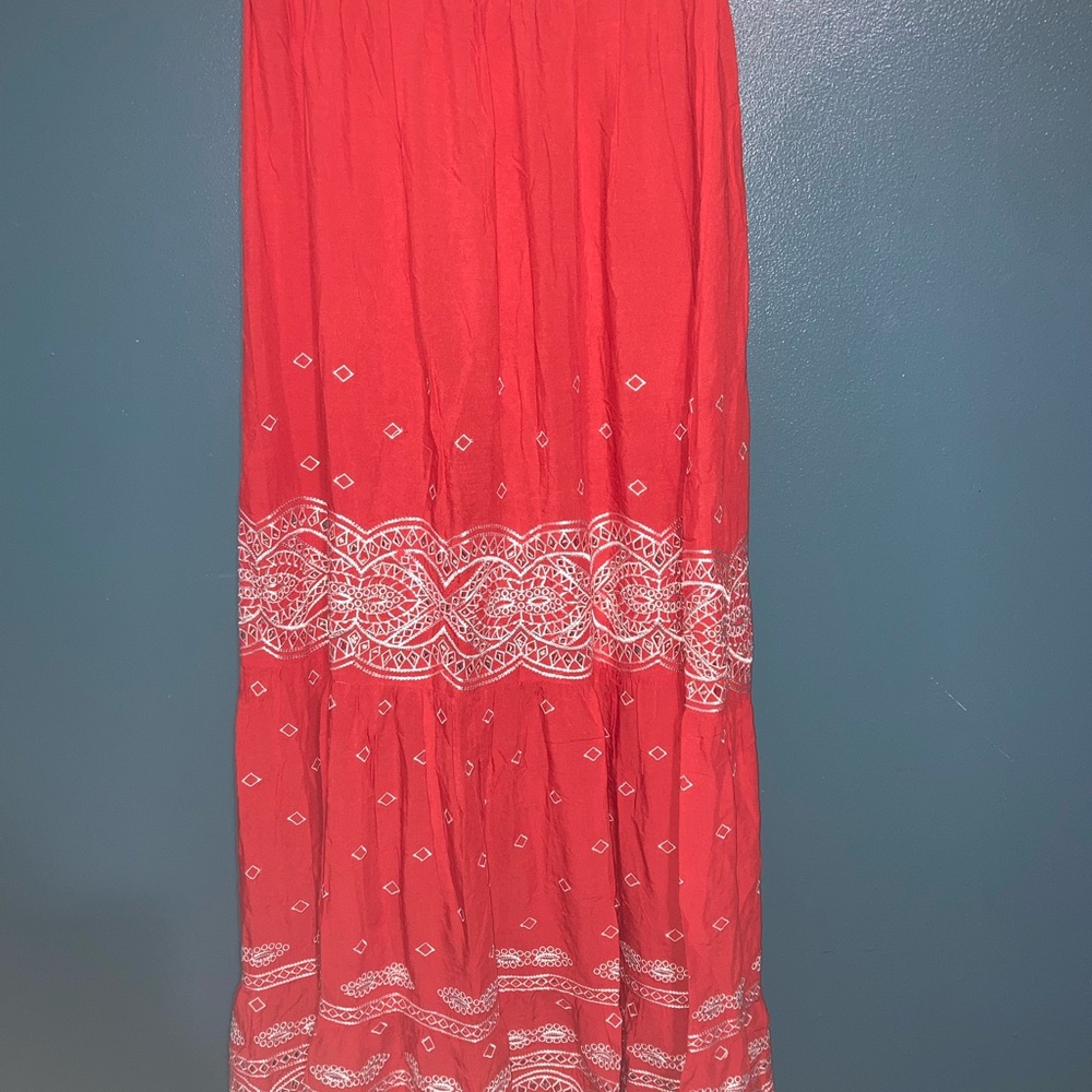Chic Red Maxi Skirt with White Patterns